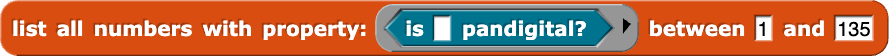 list all numbers with property pandigital between min and max