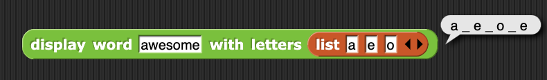 display word (awesome) with letters (a e o) -> a _ e _ o _ e