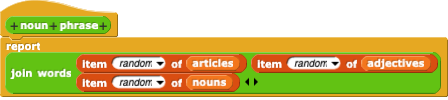 Noun phrase block, JOIN WORDS of an item from each of ARTICLES, ADJECTIVES, and NOUNS