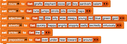 lists of nouns, verbs, etc.