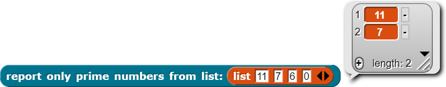 example of report only prime numbers from a list containing 11, 7, 6, 0