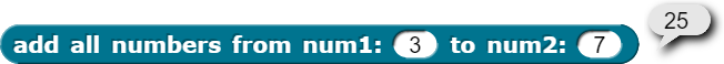 example of adding all numbers between 3 and 7 with output 25