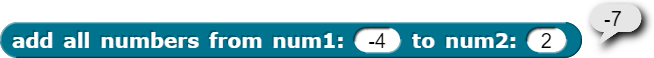 example of adding all numbers between -4 and 2 with output -7