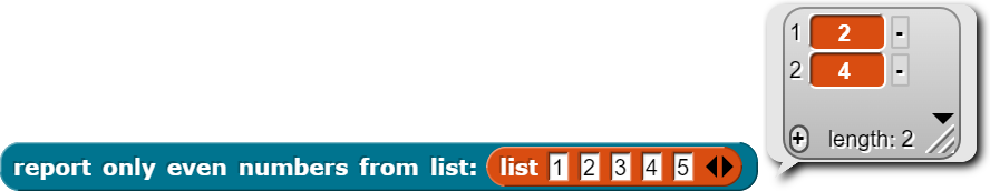 example of report only even letters with a list containing 1, 2, 3, 4, 5