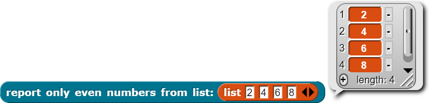 example of report only even letters with a list containing 2, 4, 6, 8