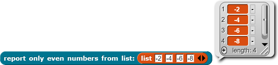 example of report only even letters with a list containing -2, -4, -6, -8