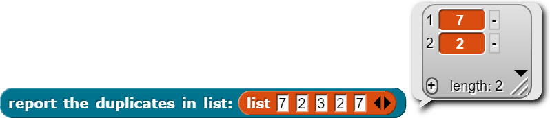 example of report the duplicates of a list containing 7, 2, 3, 2, 7