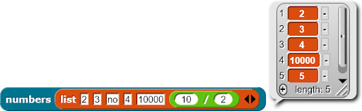 example call to numbers with a list containing an element with the division operator